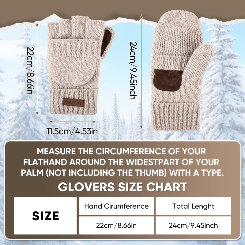 OMECHY Winter Knitted Fingerless Wool Gloves Thermal Insulation Warm Convertible Mittens Flap Cover for Men Women - Image 3